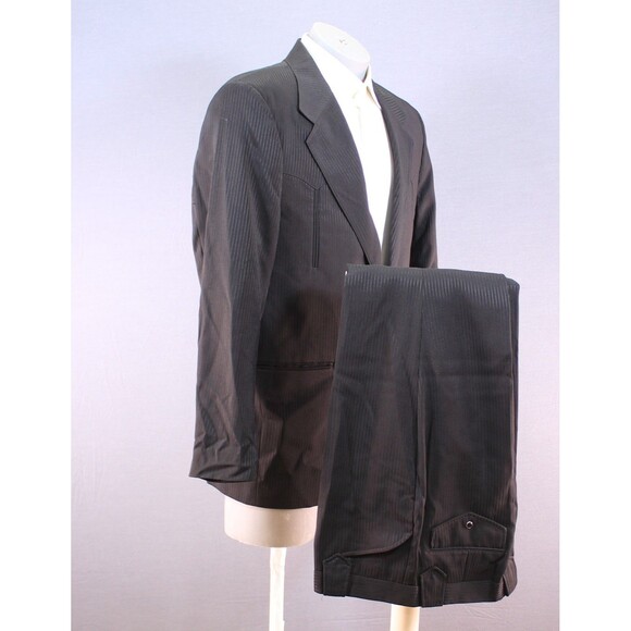 Saxifon USA Western 2 Piece Suit Black Striped Polyester 40S Flat Fronts 33" W - Picture 2 of 10